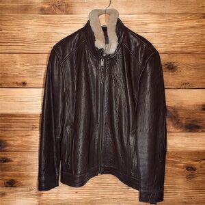 Marc New York Dark Brown Leather Jacket with Cream shearling Collar size large